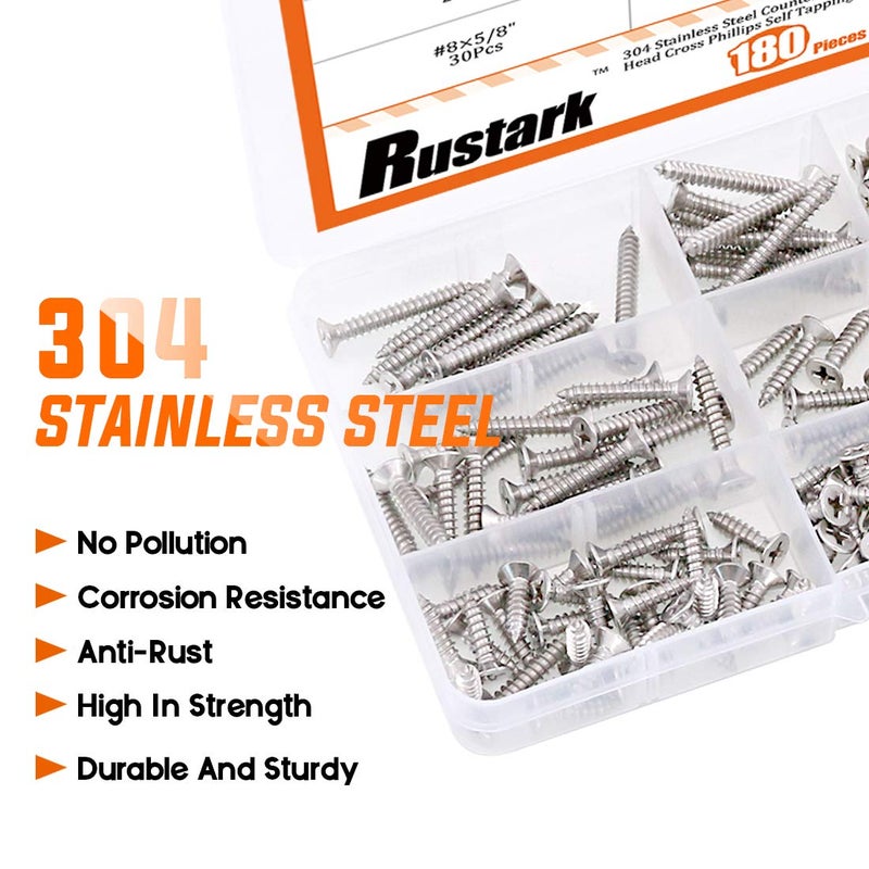 Rustark 180Pcs [#8 3/8" to 1-1/2"] 304 Stainless Steel Countersunk Flat Head Phillips Cross Wood Screws Drive Self Tapping Drilling Screw Assortment Kit - Image 5